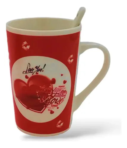 Taza De Cerámica + Cuchara Desayuno Café Love Regalo 300ml — producto
