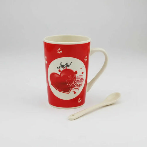 Taza De Cerámica + Cuchara Desayuno Café Love Regalo 300ml — producto