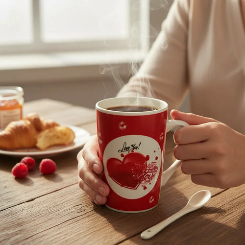 Taza De Cerámica + Cuchara Desayuno Café Love Regalo 300ml — producto
