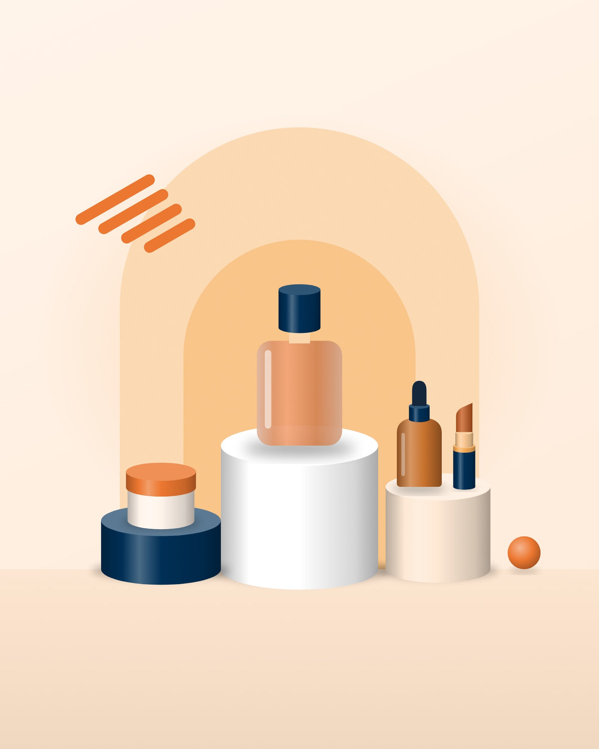 Perfume, crema, sérum y labial sobre pedestales