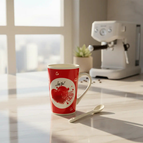 Taza De Cerámica + Cuchara Desayuno Café Love Regalo 300ml — Taza De Cerámica + Cuchara Desayuno Café Love Regalo 300ml — Blanco/Rojo / Corazón