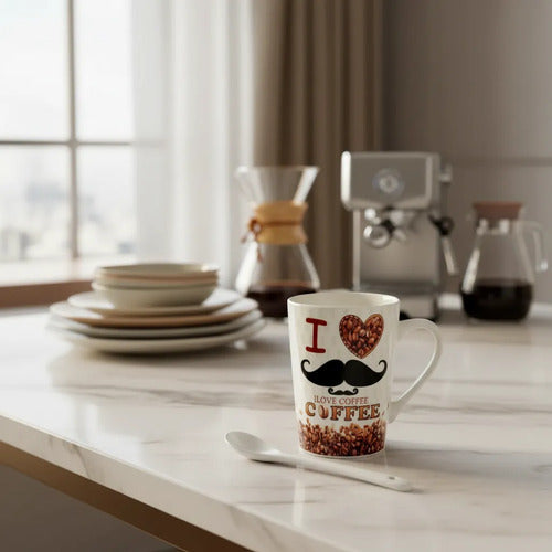 Taza De Cerámica + Cuchara Desayuno Café Love Regalo 300ml — Taza De Cerámica + Cuchara Desayuno Café Love Regalo 300ml — Marrón claro / Café